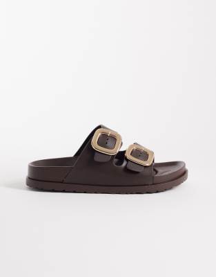 London Rebel Wide Fit - Astra - Sandalen in Schokobraun mit zwei Schnallen, weite Passform-Brown