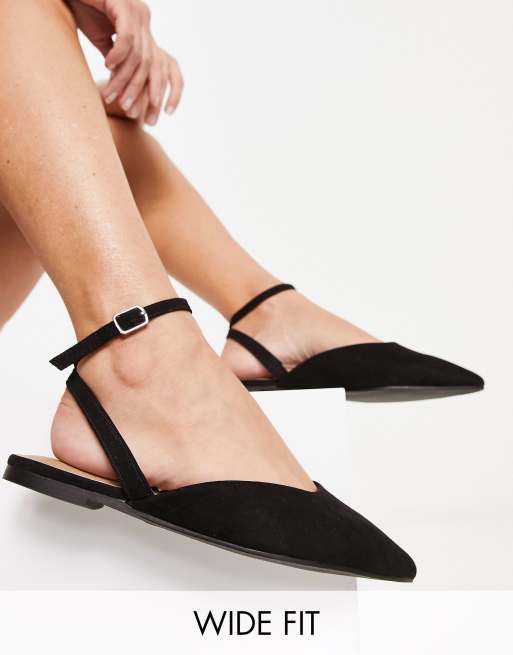 London Rebel Wide Fit - Ballerine nere a pianta larga con cinturino posteriore