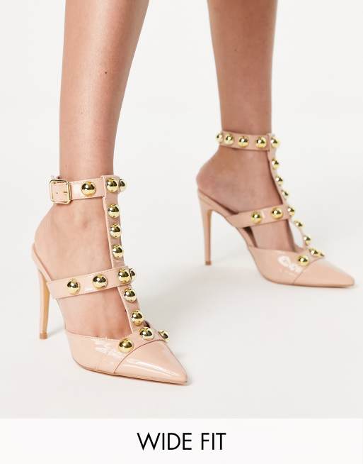 London Rebel Wide Fit – Beżowe buty na obcasie ze zdobionymi paskami