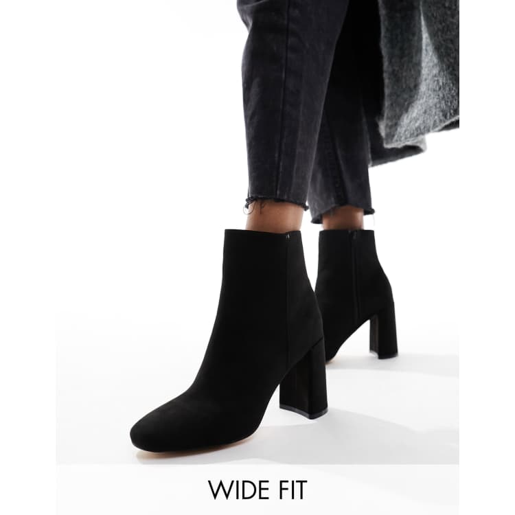 London Rebel Wide Fit block heel ankle boots in black micro ASOS