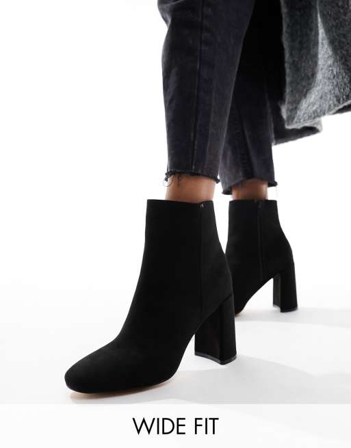 London Rebel Wide Fit block heel ankle boots in black micro | ASOS