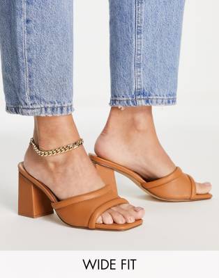 London Rebel Wide Fit Block Heel Mules In Tan-brown
