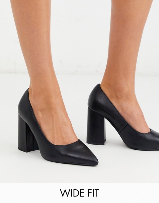 London Rebel wide fit block heel pointed shoes in black
