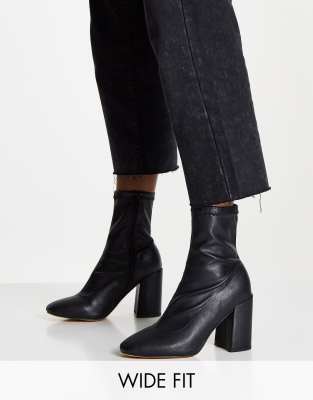 London Rebel wide fit block heel sock boots in black | ASOS