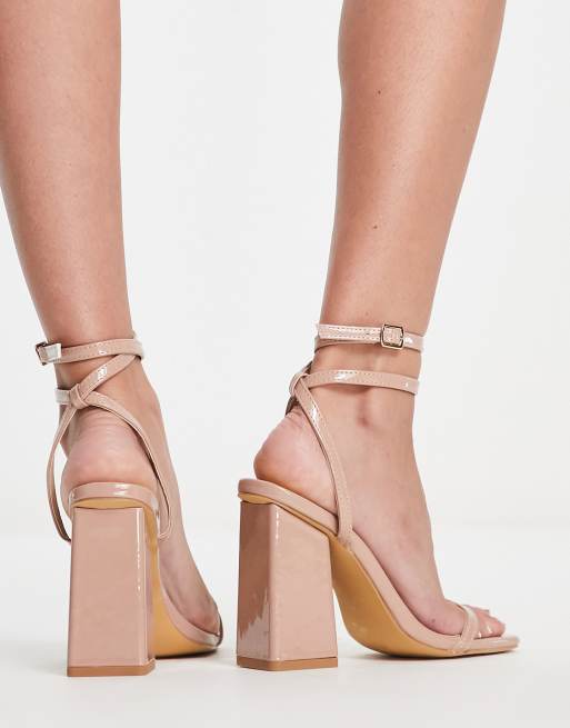 London Rebel Wide Fit block heeled sandal in beige patent