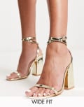 London Rebel Wide Fit block heeled sandals in gold