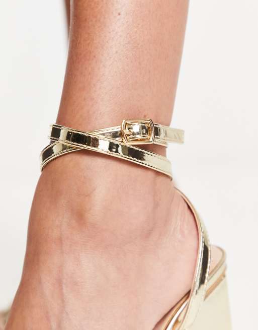 London Rebel Wide Fit block heeled sandals in gold | ASOS