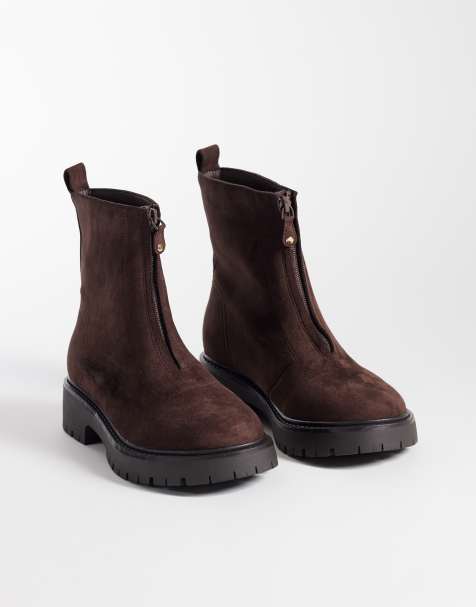 London Rebel Wide Fit bottines épaisses à zip devant Carolina marron - view 1