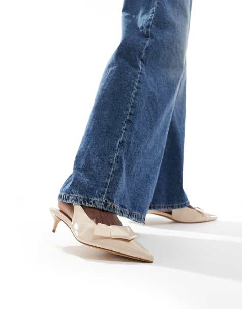 London Rebel Wide Fit bow detail slingback kitten heels in cream patent - view 1