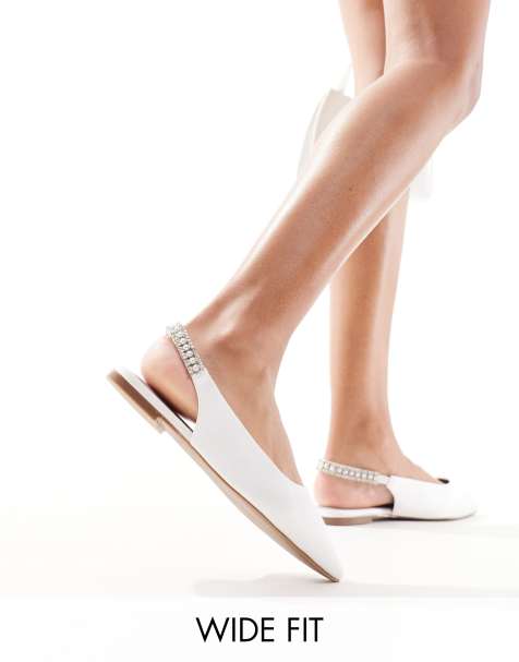 London Rebel wide fit bridal embellished flat shoes in ivory satin - view 1