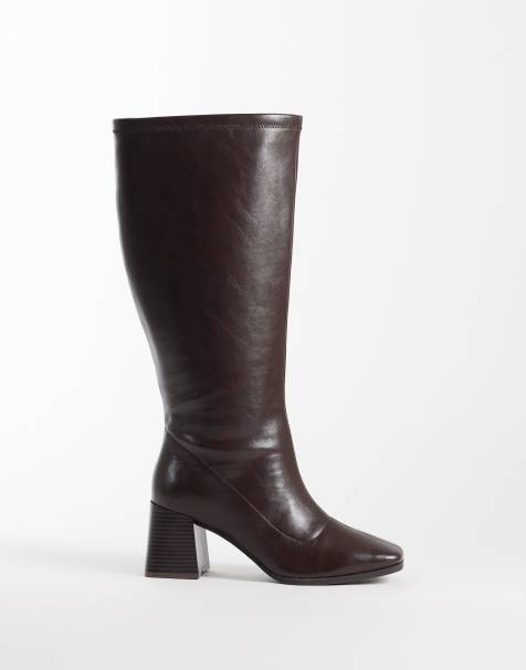 London Rebel Wide Fit Bridget block heeled knee boots in chocolate - view 1
