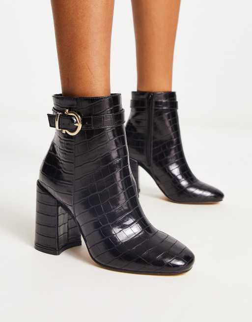 London Rebel Wide Fit buckle heeled ankle boot in black croc