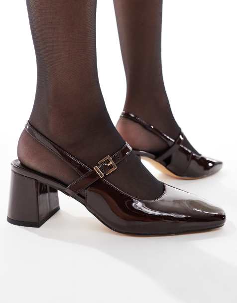 London Rebel Wide Fit Camila buckle detail sling back mid heeled sandals in dark brown - view 1