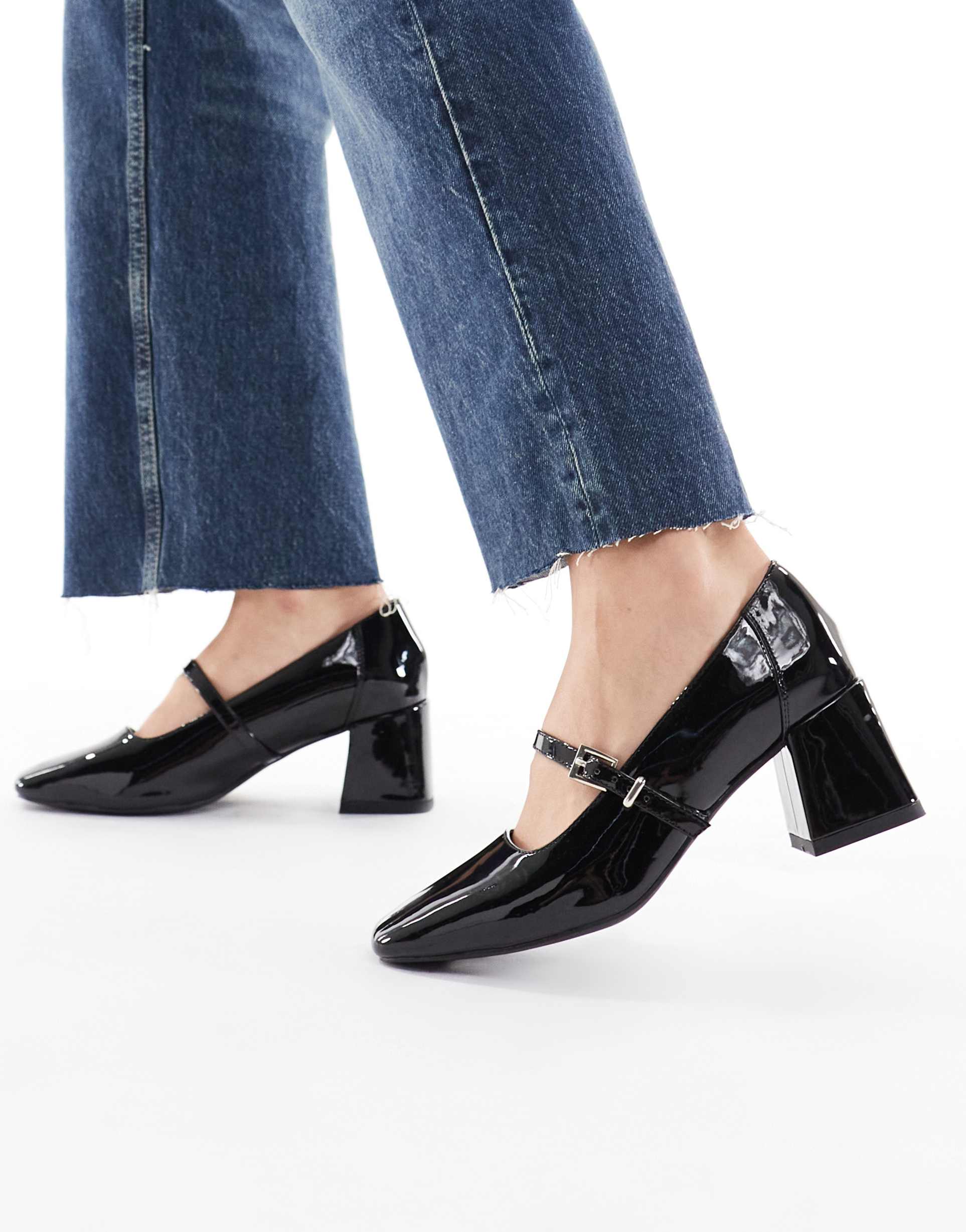 london rebel wide fit camila mid block heeled shoes in patent black