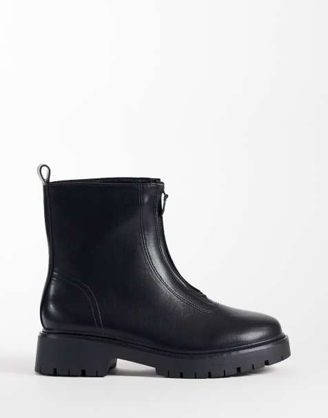 London Rebel Wide Fit Carolina chunky zip front ankle boots in black - view 1