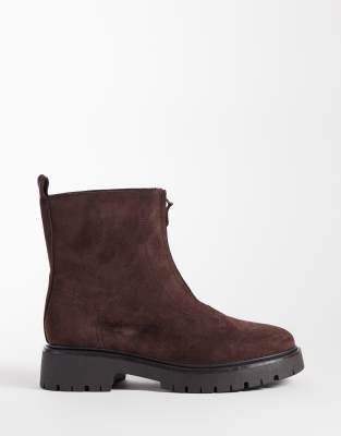 London Rebel Wide Fit Carolina Faux Suede Chunky Zip Front Ankle Boots In Brown