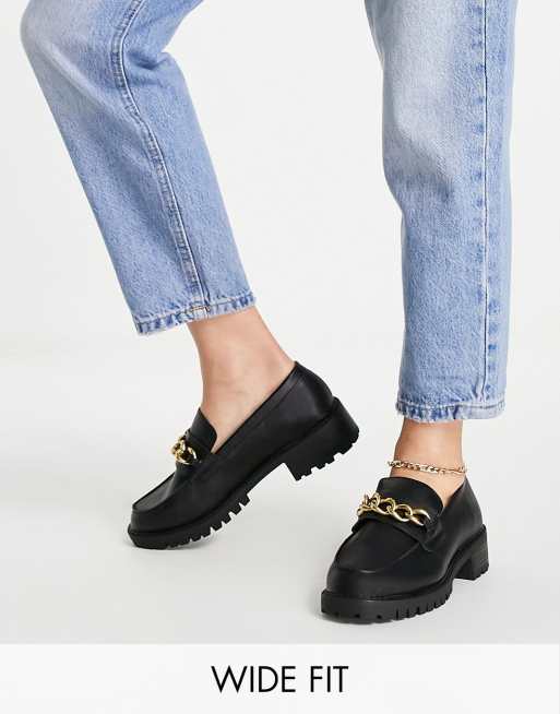 London Rebel Wide Fit chunky chain detail loafers in black 