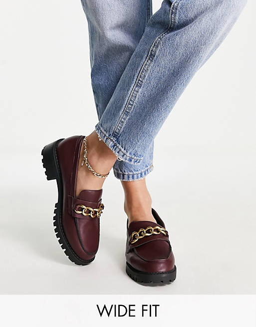 London Rebel Wide Fit chunky chain detail loafers in red | ASOS