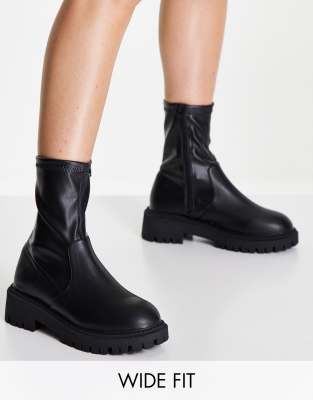 London Rebel Wide Fit Chunky Chelsea Calf Boots In Black | ModeSens