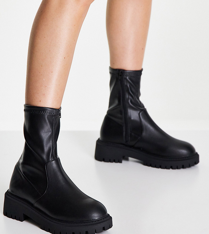London Rebel wide fit chunky chelsea calf boots in black