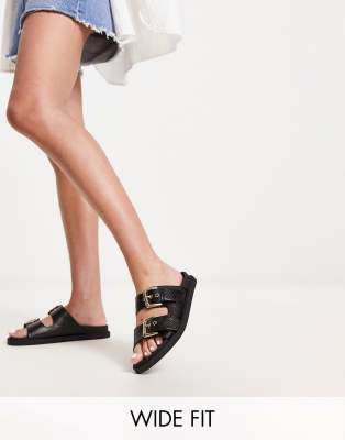 London Rebel Leather Wide Fit London Rebel Wide Fit chunky double buckle footbed sliders in black
