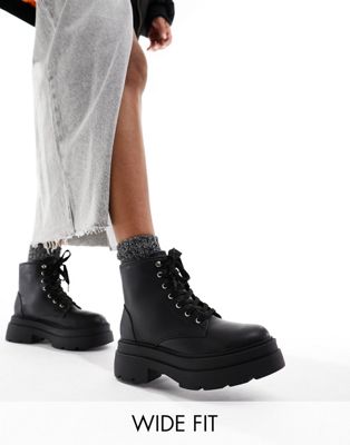 London Rebel Wide Fit chunky flatform hiker boots in black - ASOS Price Checker