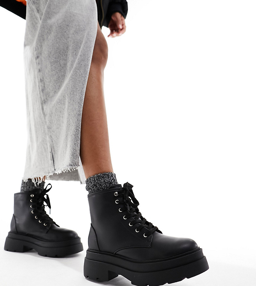 London Rebel Wide Fit chunky flatform hiker boots in black