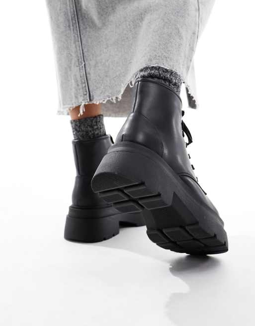 London Rebel Wide Fit chunky flatform hiker boots in black