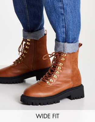 London Rebel wide fit chunky hiker ankle boots in tan-Brown