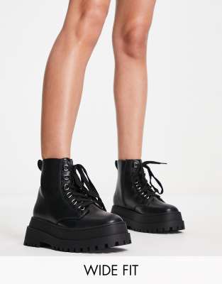 London Rebel Wide Fit chunky lace up boots in black