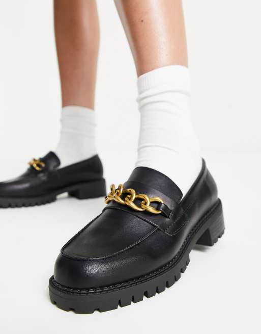 London Rebel Wide Fit chunky loafers with chain in black | ASOS