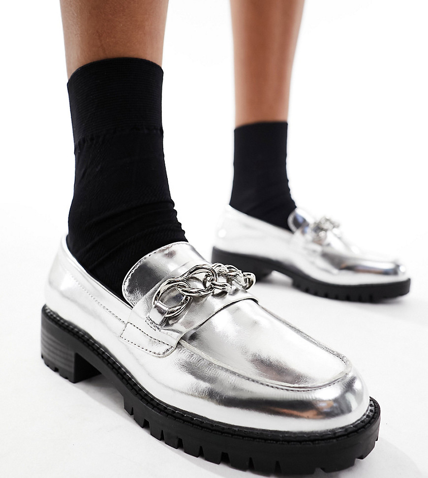 London Rebel Leather Wide Fit London Rebel Wide Fit Chunky Loafers With Chain In Silver