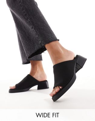 London Rebel Wide Fit Chunky Low Heeled Mules In Black