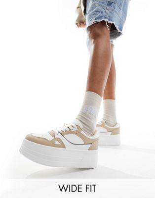 London Rebel Wide Fit chunky panelled flatform trainers in white and beige