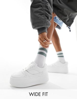 London Rebel Wide Fit chunky panelled flatform trainers in white