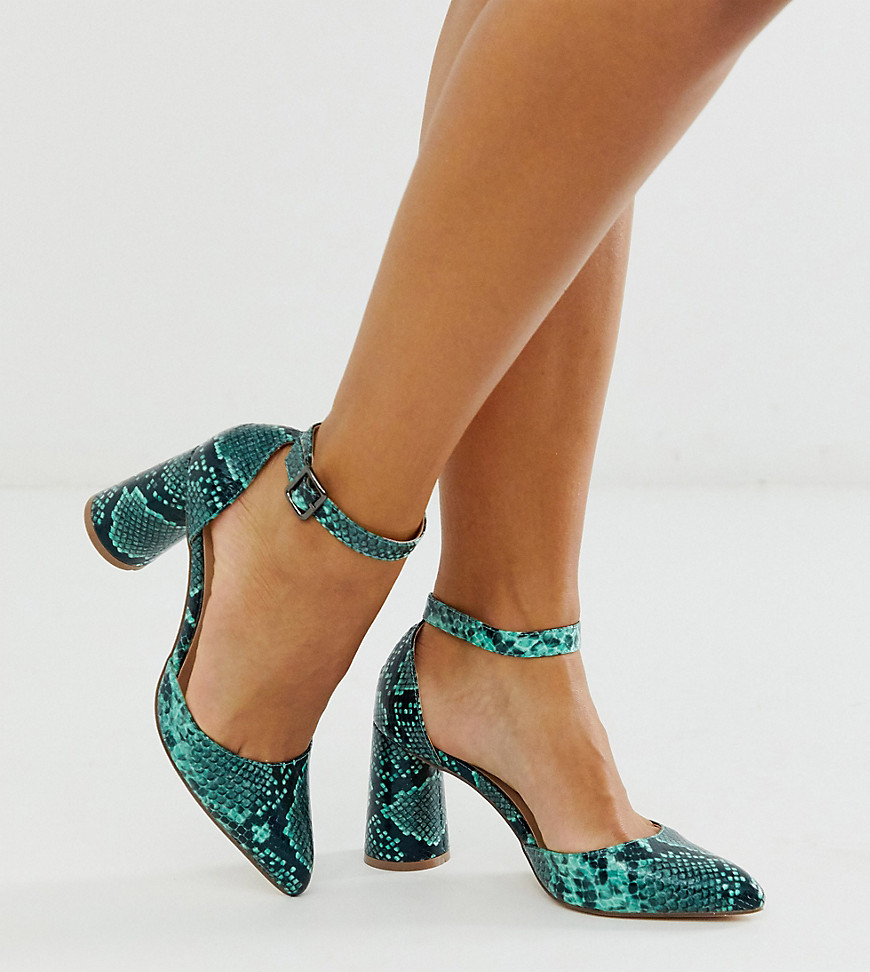 London Rebel wide fit circular heeled shoes in snake-Green