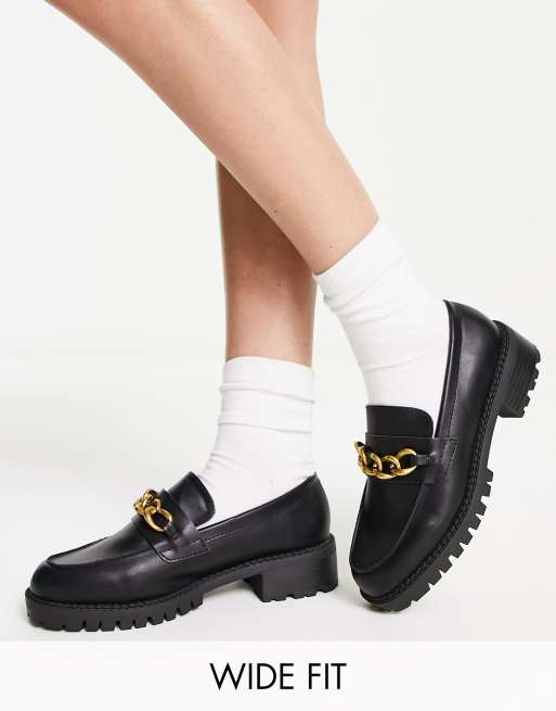 London Rebel Wide Fit – Czarne loafersy na grubej podeszwie z łańcuszkiem