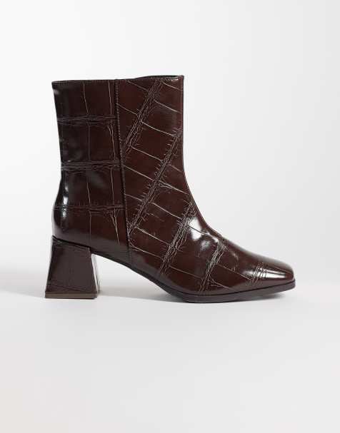 London Rebel Wide Fit Delta mid ankle boots in chocolate croc - view 1