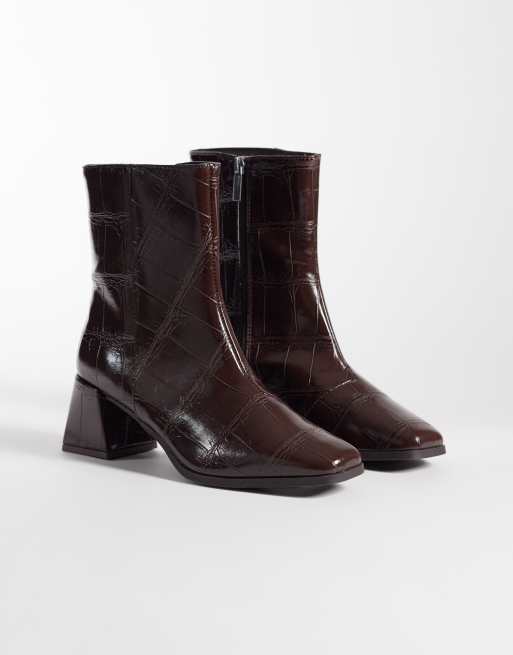 London Rebel Wide Fit Delta mid ankle boots in chocolate croc, 2 of 4