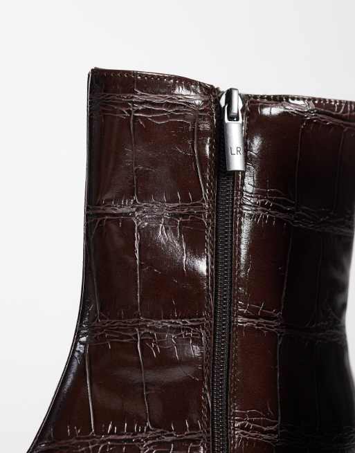 London Rebel Wide Fit Delta mid ankle boots in chocolate croc, 3 of 4