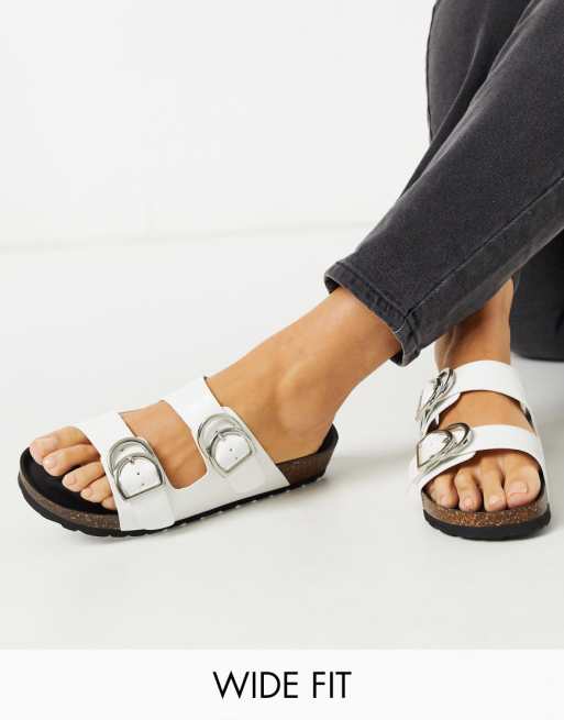 London Rebel wide fit double buckle footbed sandal in white croc | ASOS