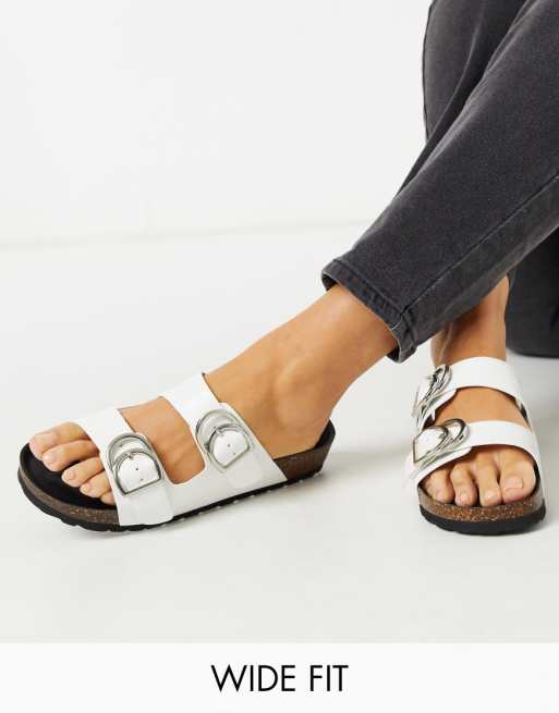 London Rebel wide fit double buckle footbed sandal in white croc