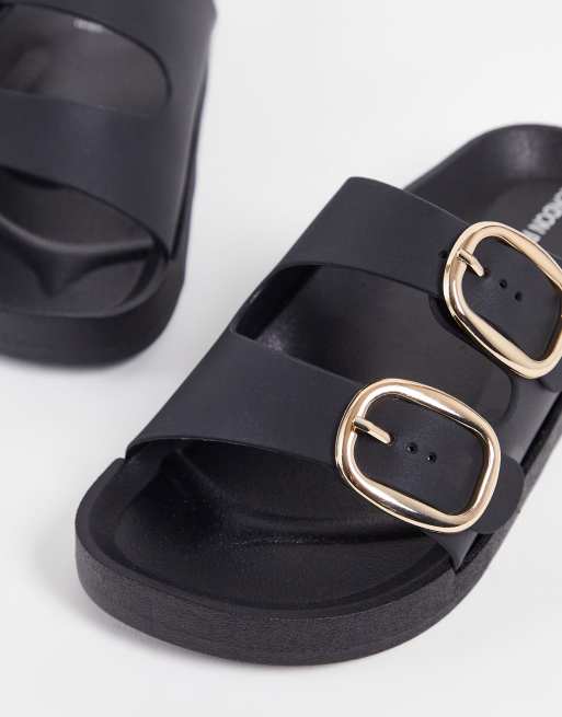 London Rebel wide fit double buckle footbed sandals in black