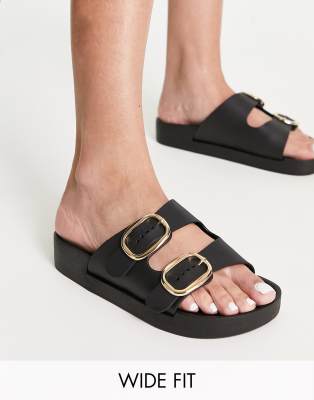 London Rebel Wide Fit Double Buckle Footbed Sandals In Black