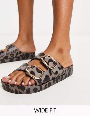 London Rebel Wide Fit double buckle footbed sandals in leopard