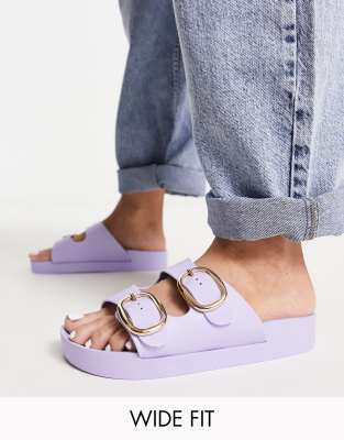 London Rebel Wide Fit double buckle footbed sandals in lilac-Purple