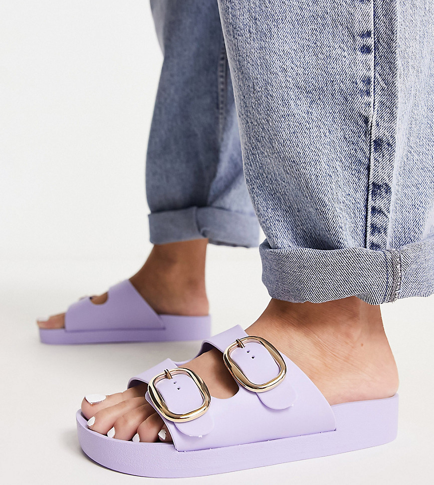 London Rebel Wide Fit double buckle footbed sandals in lilac-Purple