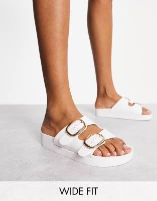 London Rebel Leather Wide Fit London Rebel Wide Fit double buckle footbed sandals in white