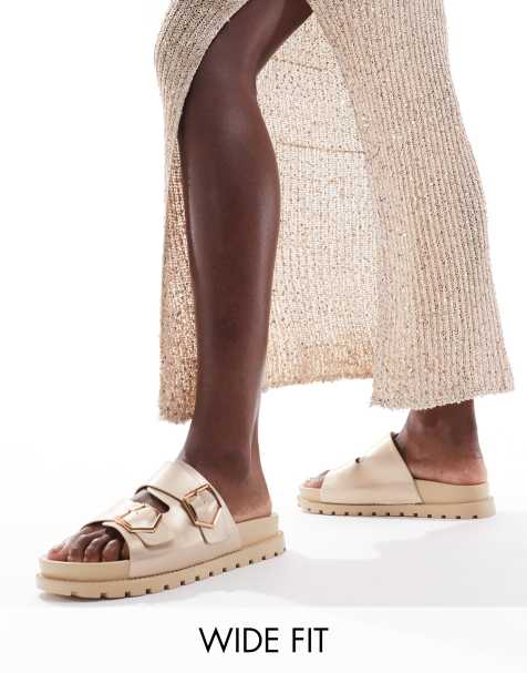London Rebel wide fit double strap footbed sandals in gold - view 1