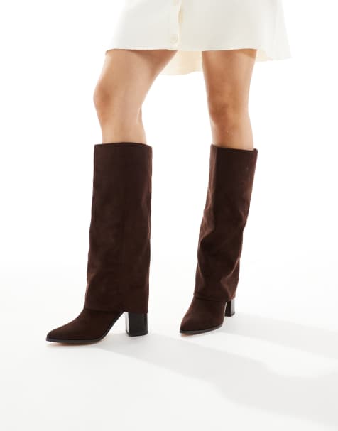 London Rebel Wide Fit Elena fold over knee boots in chocolate - view 1